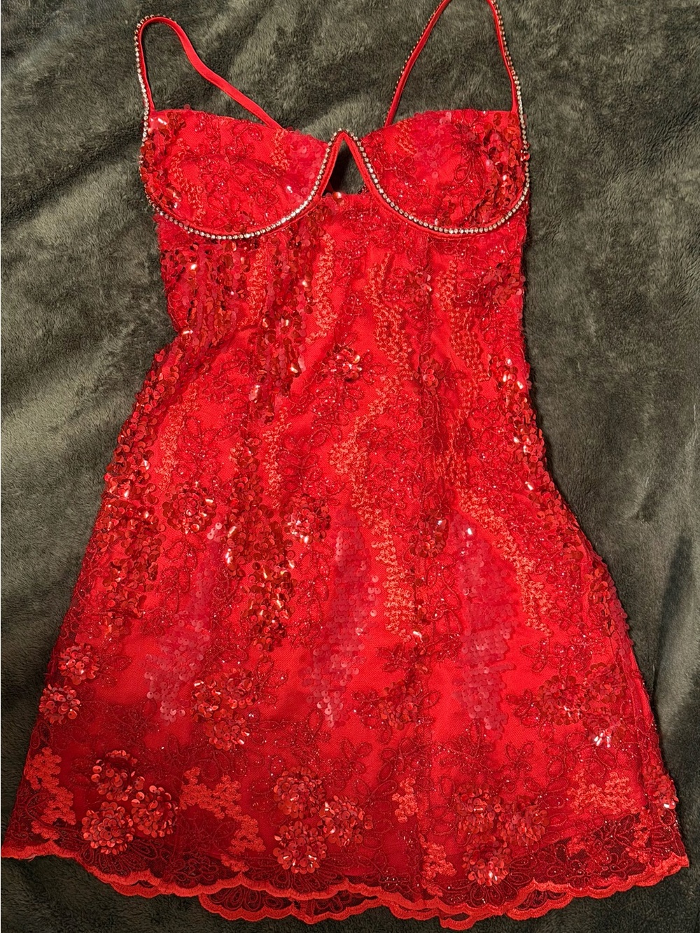 For Love And Lemons Ruby Red Sequin Lace Mini Dress - Picture 3 of 7